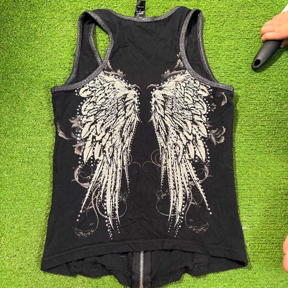 Vintage Y2K LA Bus Stop Rhinestones Angel Wings Zip Up Biker Tank Top Small - Picture 6 of 6